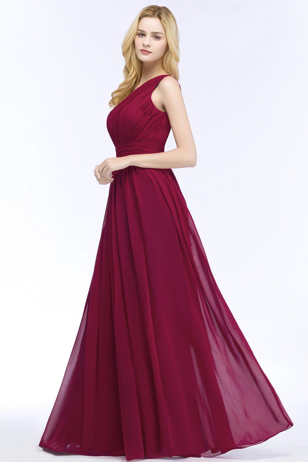 Burgundy Long A Line One Shoulder Chiffon Bridesmaid Dresses - YESBABYONLINE