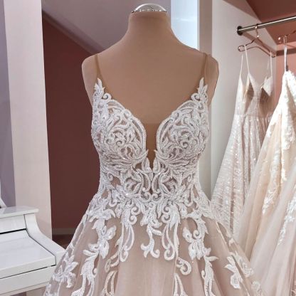 Long A-line V-neck Lace Tulle Floor Length Backless Wedding Dresses - YESBABYONLINE
