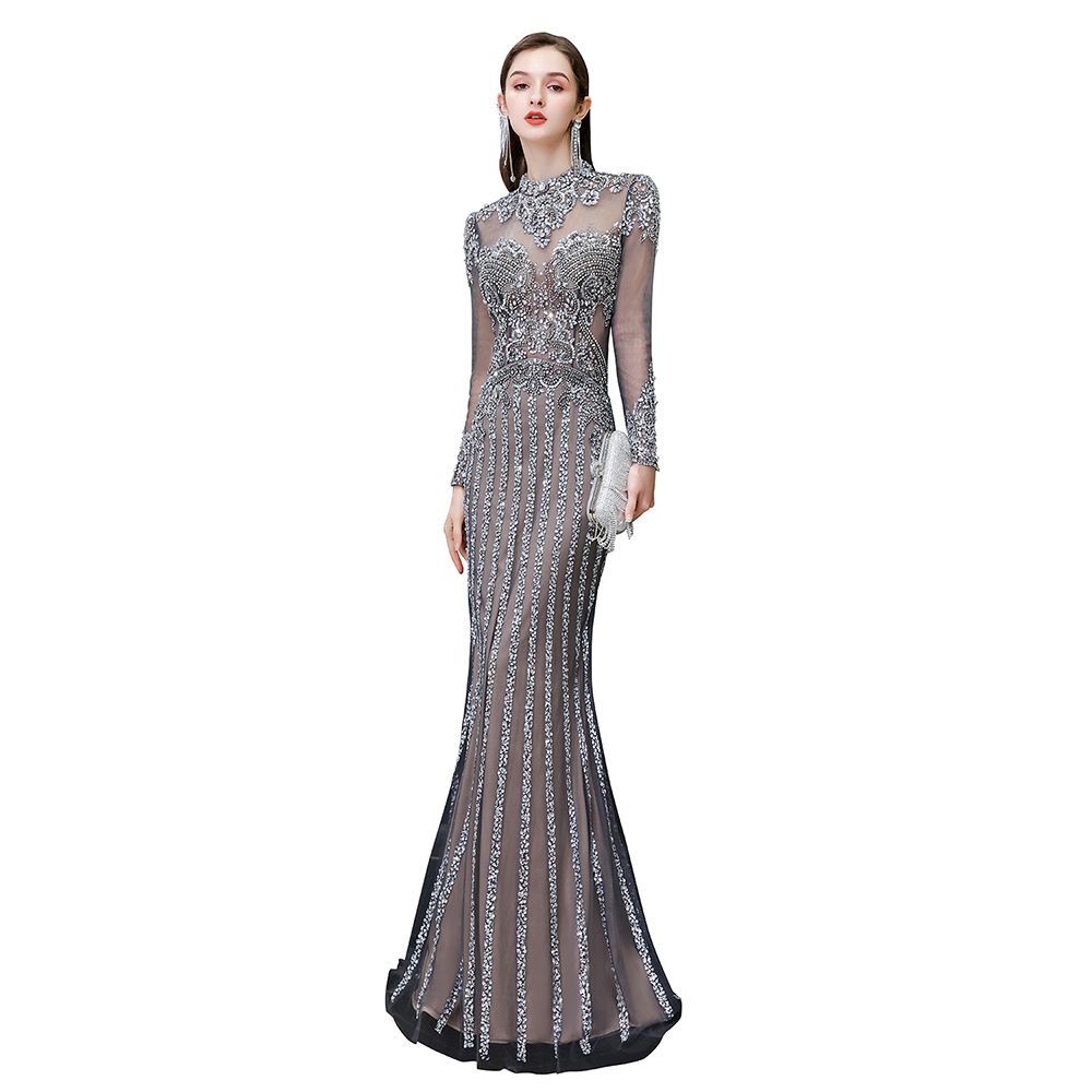 Sexy Long Sleeves Mermaid High Neck Tulle Beaded Prom Dresses - YESBABYONLINE
