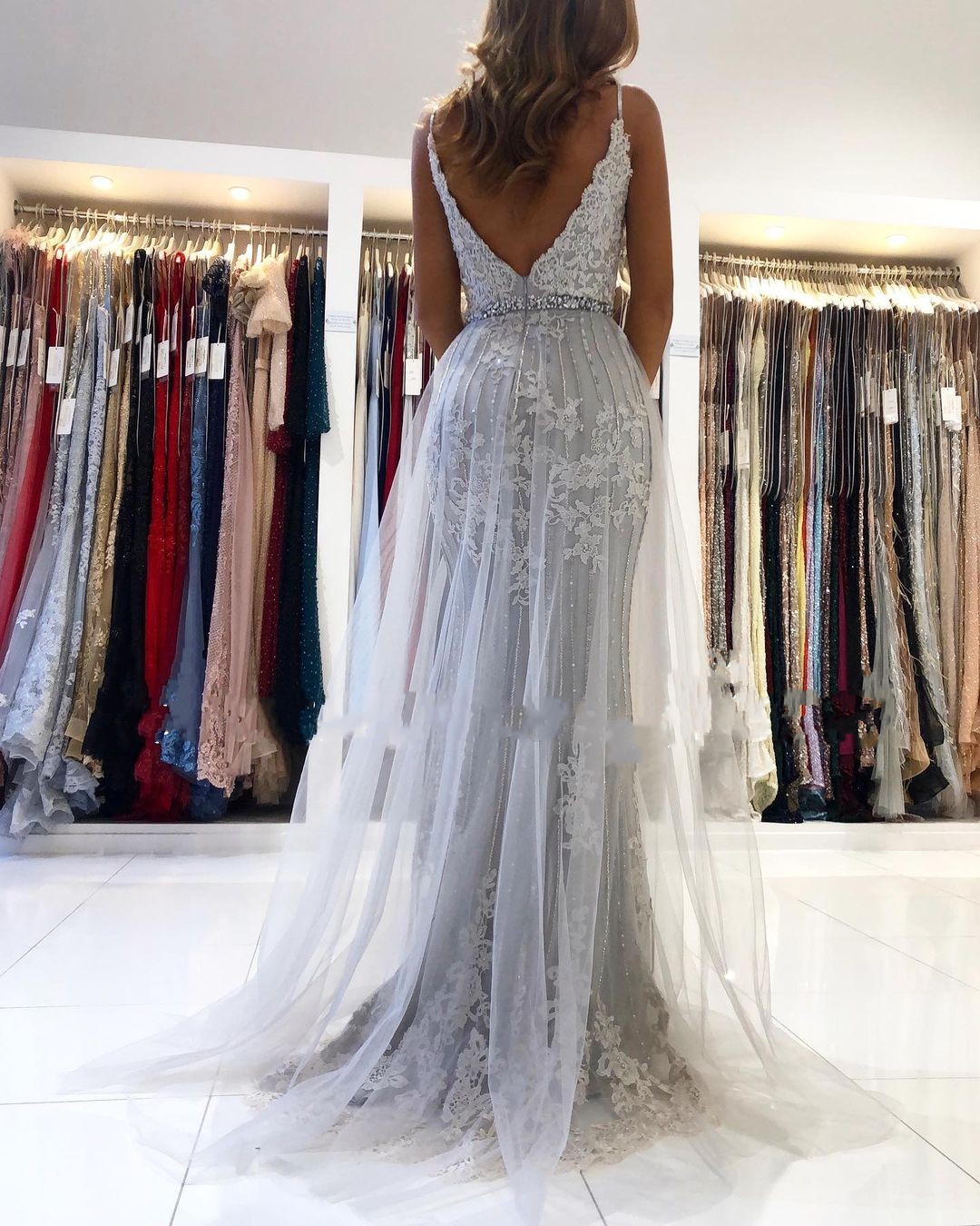 Long Mermaid Sweetheart Lace Tulle Prom Dresse with Split - YESBABYONLINE