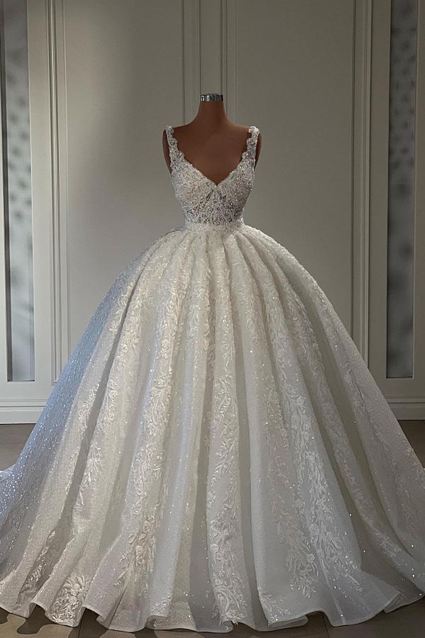 Charming Long Sweetheart Sleeveless Lace Ball Gown Wedding Dress with Ruffles - YESBABYONLINE