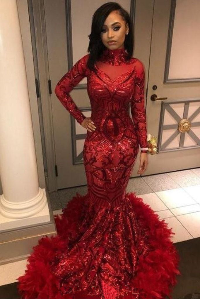 Burgundy Sexy Long Mermaid Sequins High Neck Prom Dresses with Sleeves - YESBABYONLINE
