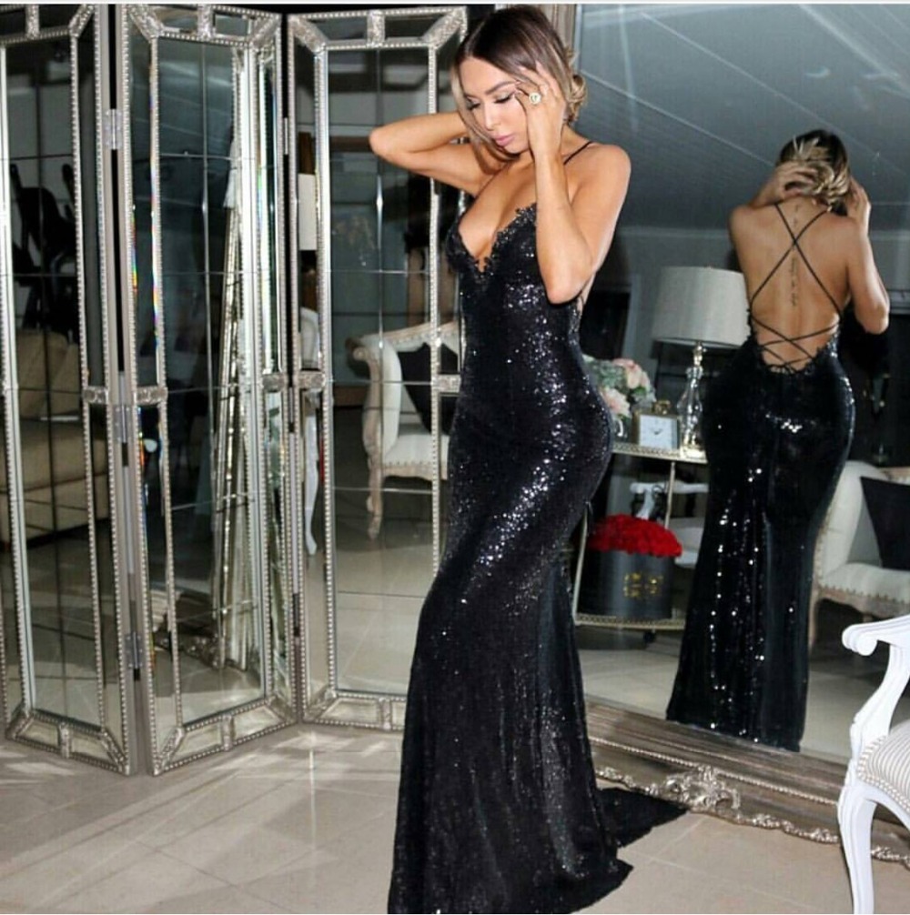 Sexy Long Mermaid Sleeveless Black Sequined Backless Prom Dress - YESBABYONLINE