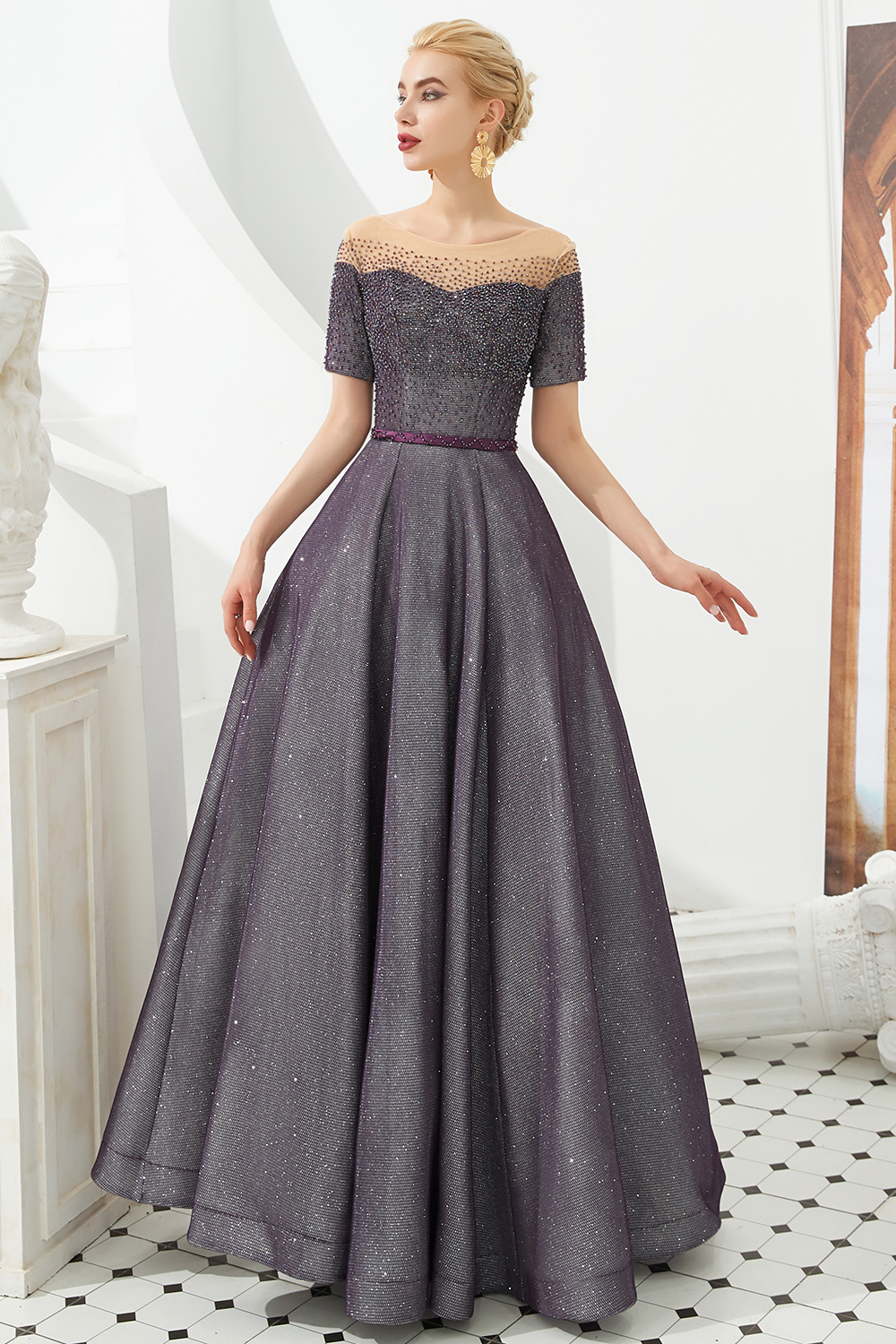 Glamorous Long A-line Round Neckline Floor Length Prom Dresses with Short Sleeves - YESBABYONLINE