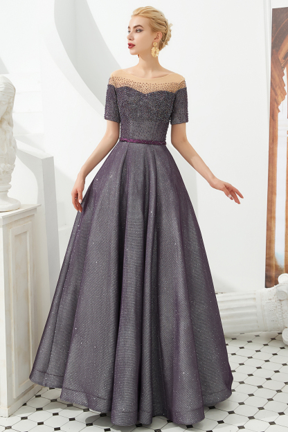 Glamorous Long A-line Round Neckline Floor Length Prom Dresses with Short Sleeves - YESBABYONLINE