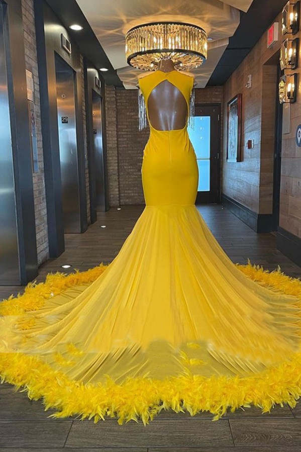 Charming Yellow Long Mermaid V-neck Tassel Backless Prom Dress with Appliques lace - YESBABYONLINE