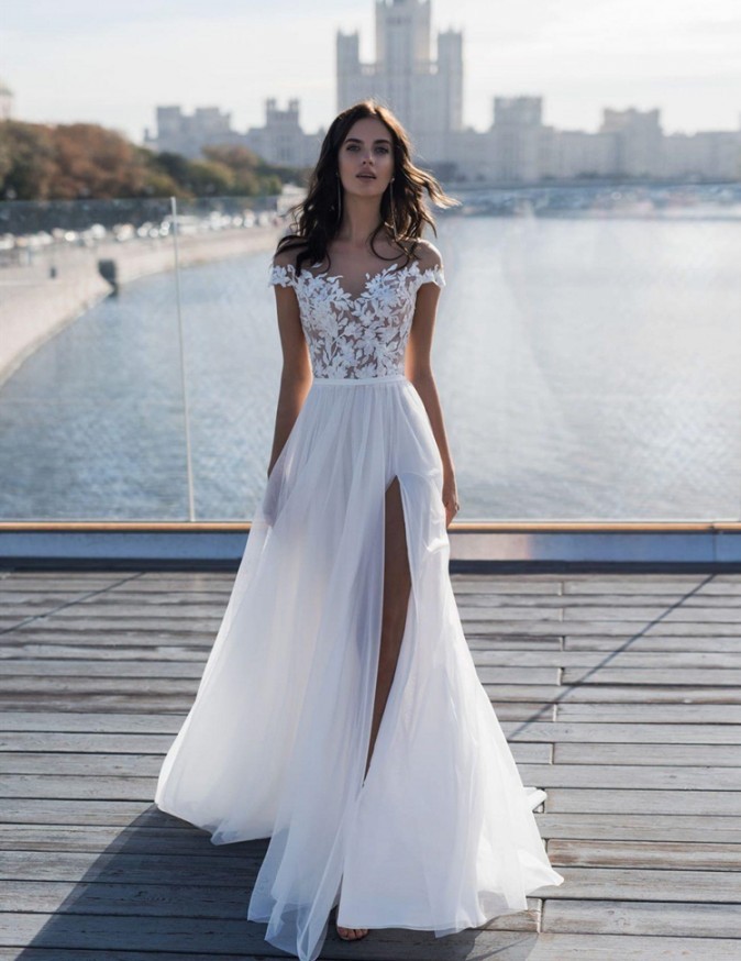Long A-line Chiffon Sleeveless Floor-length Lace Wedding Dresses with Slit - YESBABYONLINE