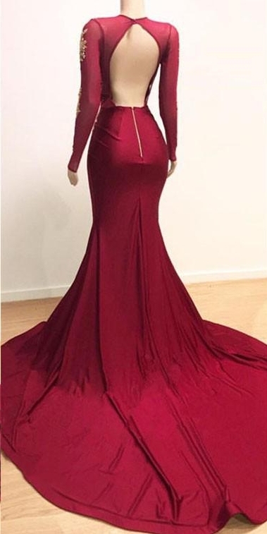 Long Mermaid V-neck Lace Appliques Split Backless Prom Dresses with Sleeves - YESBABYONLINE