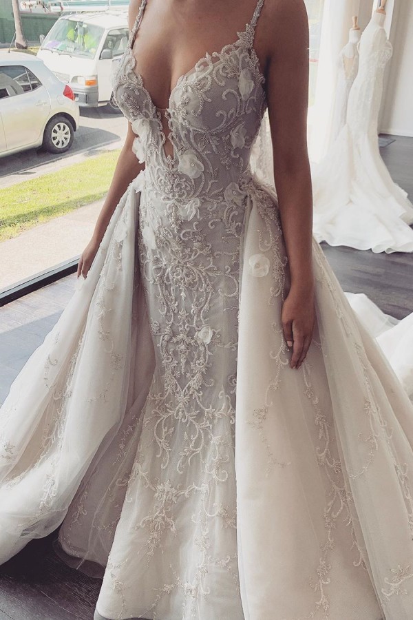 Long Mermaid Spaghetti Straps V-neck Tulle Lace Backless Wedding Dresses with Detachable Train - YESBABYONLINE