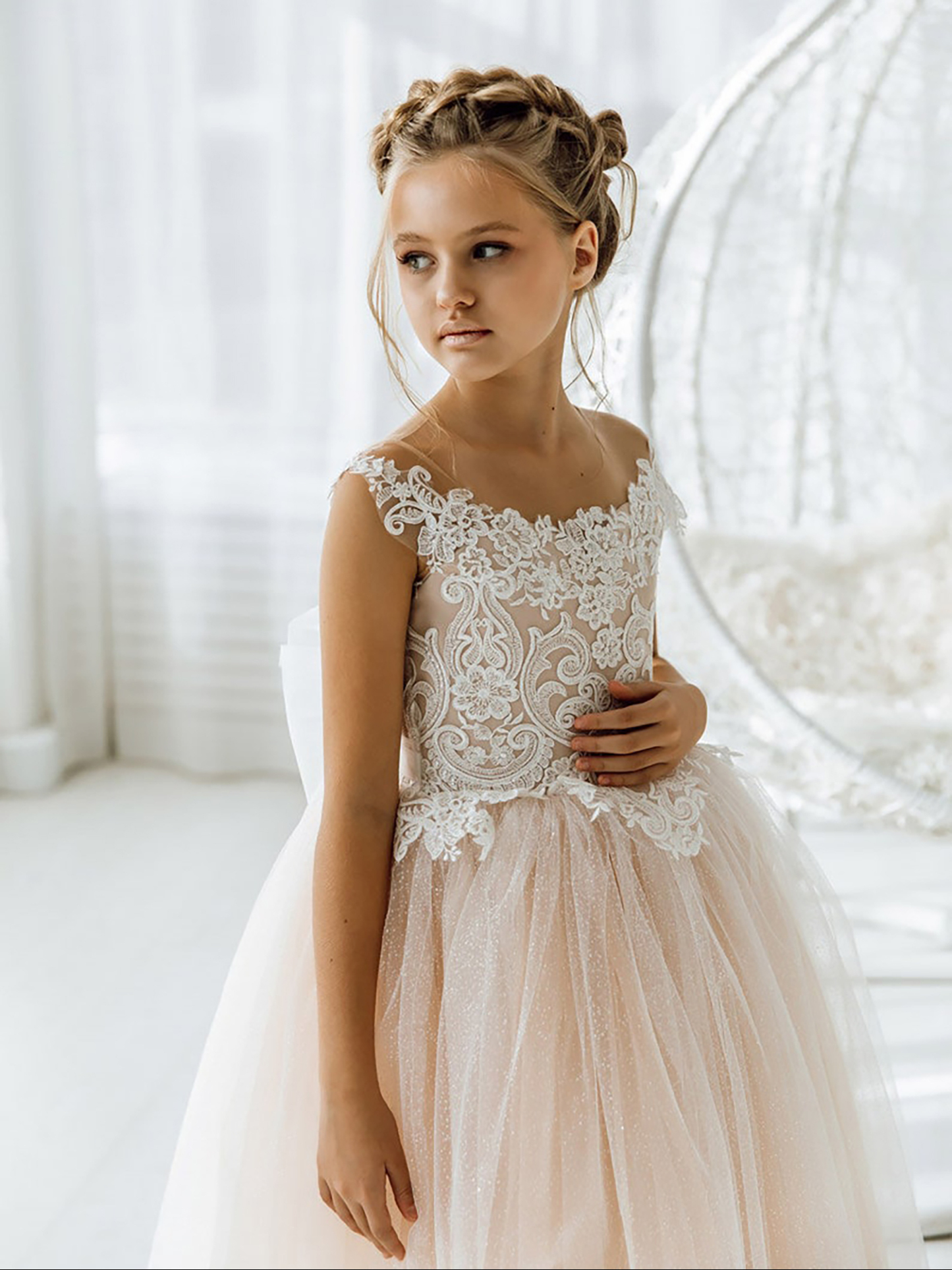 Boho Long Tulle Open Back Ball Gown Flower Girl Dresses with Bow - YESBABYONLINE