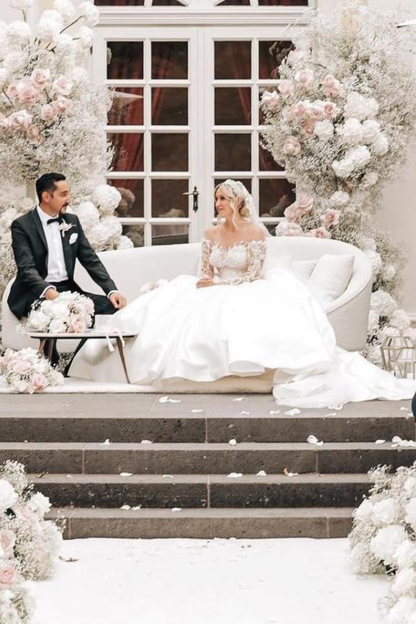 Gorgeous White Long Ball Gown Off The Shoulder Satin Sleeves Wedding Dresses - YESBABYONLINE