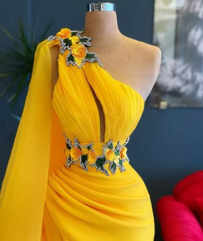 Luxury Yellow Long One Shoulder Tulle Ruffles Mermaid Prom Dresses with Slit - YESBABYONLINE