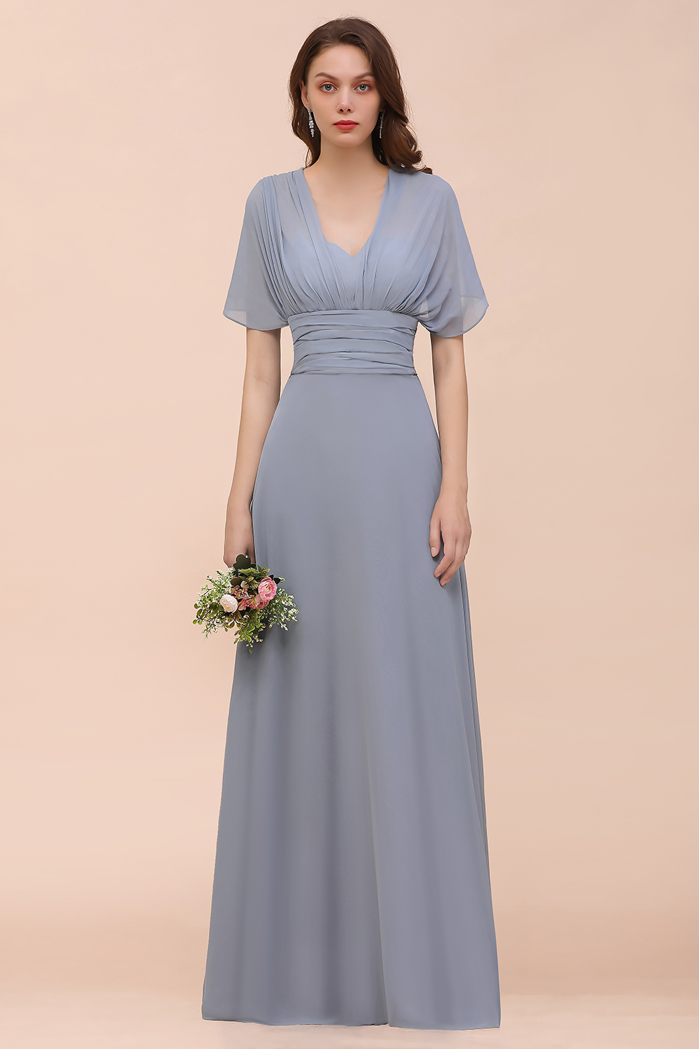 Dusty Blue Long A Line V Neck Chiffon Backless Convertible Bridesmaid Dresses - YESBABYONLINE