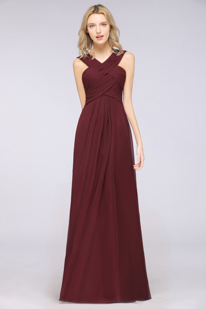 Long A Line V Neck Straps Sleeveless Floor Length Bridesmaid Dress with Ruffles - YESBABYONLINE