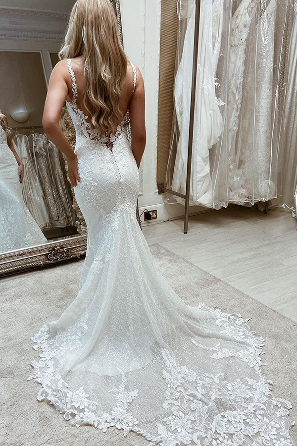 White Long Sleeveless Square Tulle Mermaid Wedding Dresses With Appliques - YESBABYONLINE