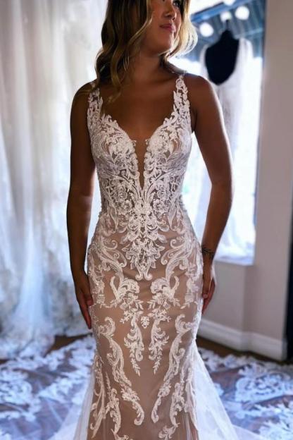 Elegant Long V Neck Sleeveless Lace Mermaid Backless Wedding Dresses - YESBABYONLINE