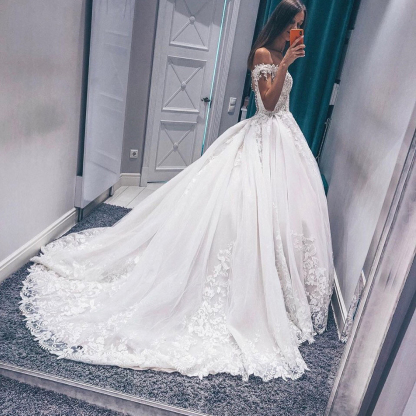 Stunning Long A-line Off the Shoulder Tulle Lace Sleeveless Wedding Dress - YESBABYONLINE