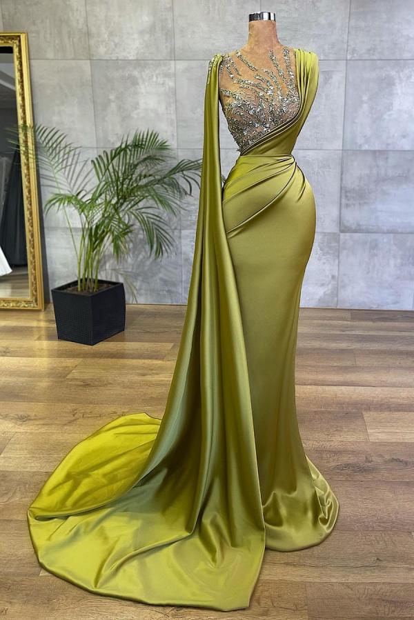 Vintage Sleeveless Sage Ruffles Long Mermaid Prom Dresses With Crystal - YESBABYONLINE
