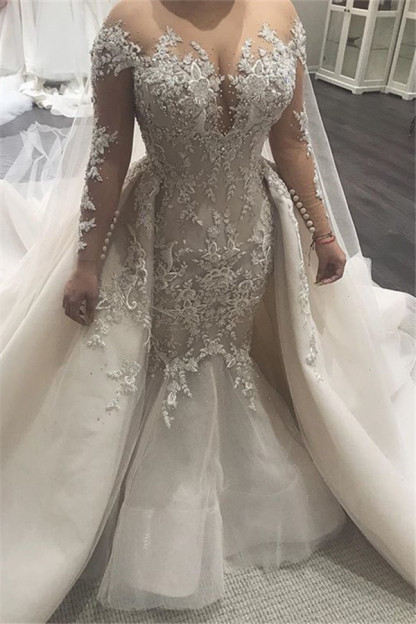 Elegant Long Sleeves Mermaid Sweetheart Tulle Lace Wedding Dresses with Tulle Overskirt - YESBABYONLINE
