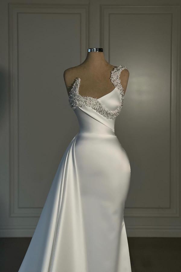 Strapless Long Mermaid White Draped Satin Prom Dress with Beads