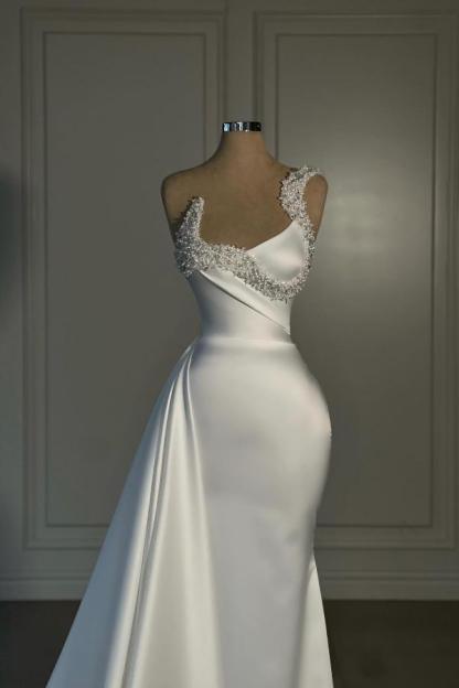 Strapless Long Mermaid White Draped Satin Prom Dress with Beads