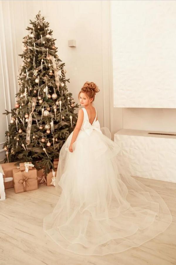 Long A-line Tulle Glitter Backless Little Girl Dress for Christmas Birthday Party - YESBABYONLINE