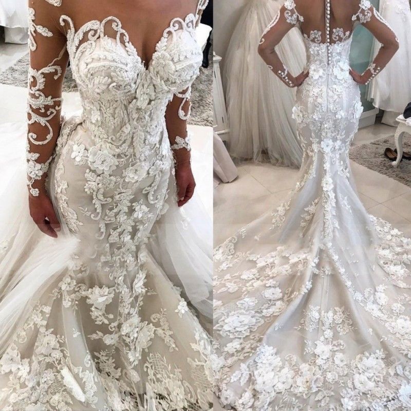 Long Mermaid Sweetheart Tulle Appliques Lace Wedding Dress with Sleeves - YESBABYONLINE