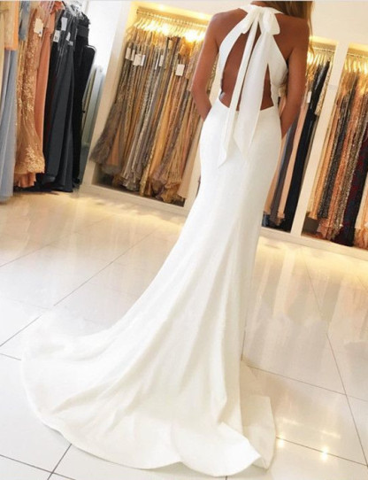 Simple Long Mermaid Sleeveless Halter Open Back Evening Prom Dresses with Side Slit - YESBABYONLINE