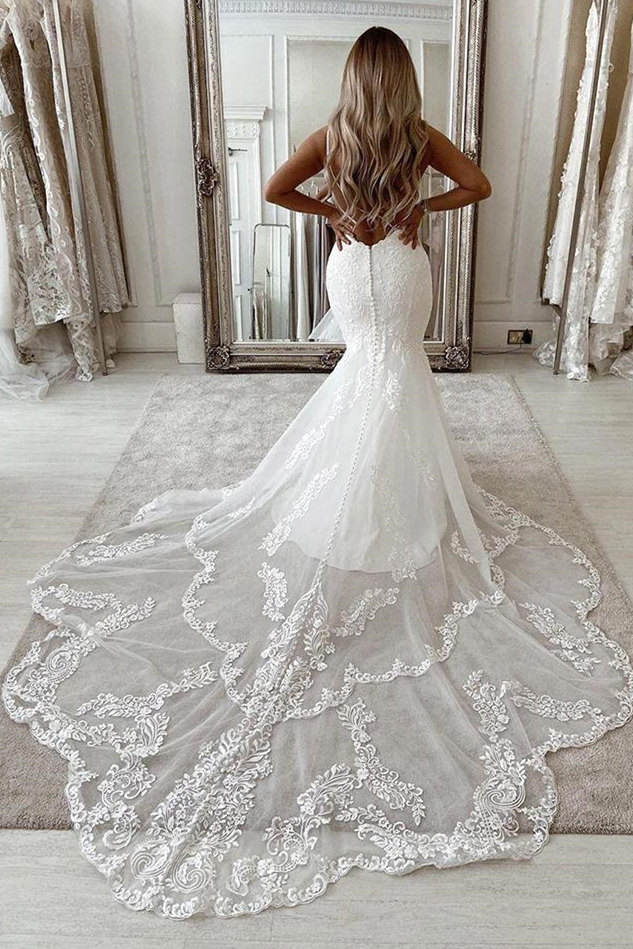 Long Mermaid Backless Lace Floor-length Tulle Wedding Dress - YESBABYONLINE
