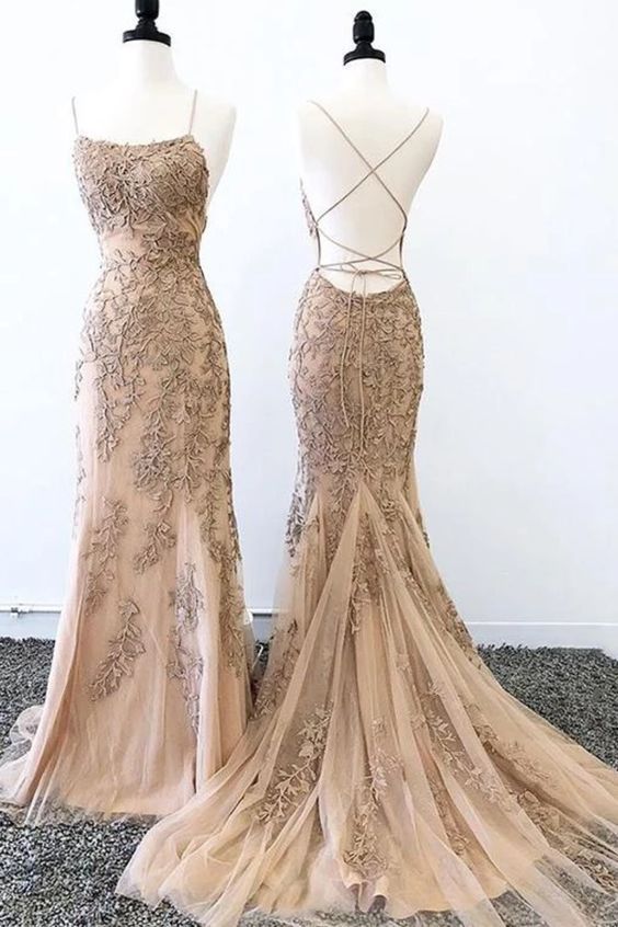 Long Mermaid Tulle Lace Backless Formal Prom Dresses - YESBABYONLINE