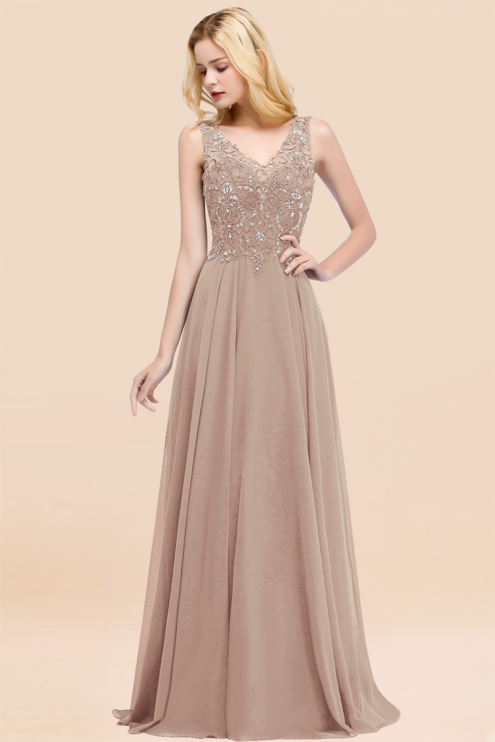 Long A-line Straps V Neck Applique Lace Floor Length Chiffon Bridesmaid Dresses - YESBABYONLINE