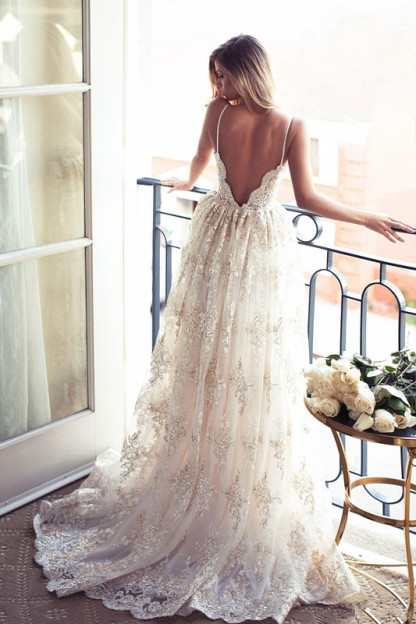 Glamorous Long Sweetheart Backless A-line Lace Backless Wedding Dresses - YESBABYONLINE