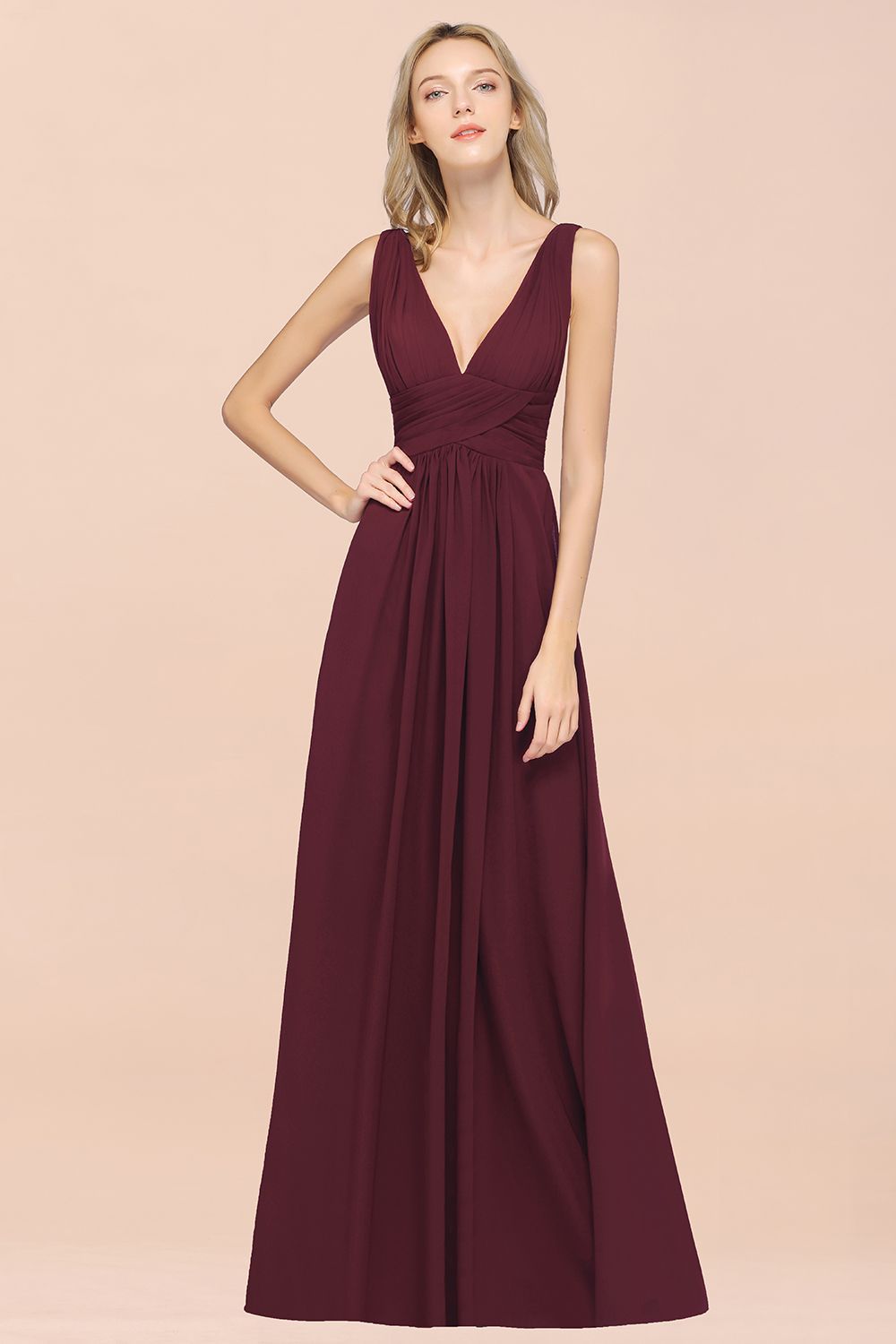 Long A Line V Neck Sleeveless Floor Length Bridesmaid Dress with Ruffle - YESBABYONLINE