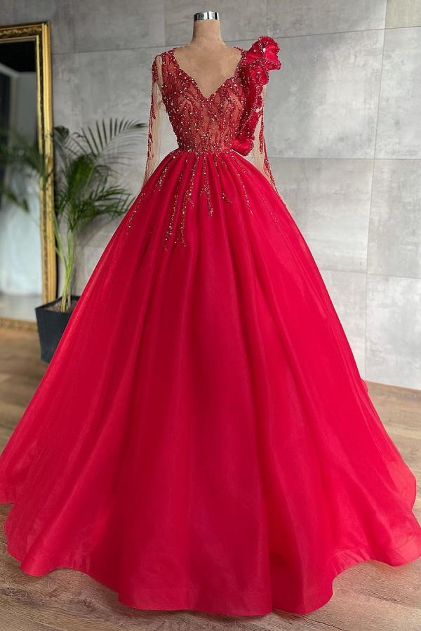 Charming Red Long A-line Tulle V-neck Floor-length Beading Prom Dresses with Sleeves - YESBABYONLINE