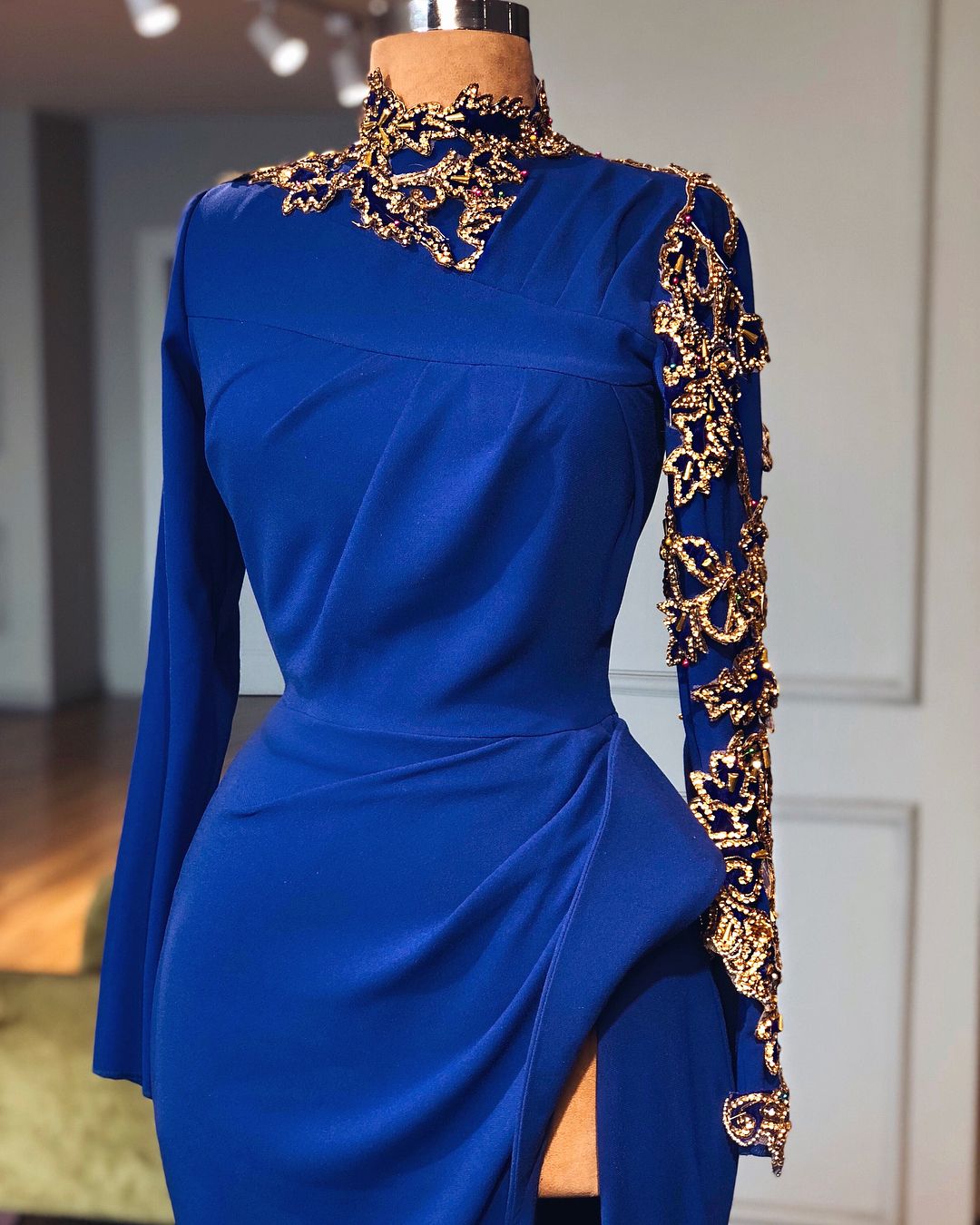 Royal Blue Long Sleeves Mermaid High Neck Satin Prom Dresses with Side Slit - YESBABYONLINE