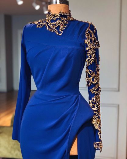 Royal Blue Long Sleeves Mermaid High Neck Satin Prom Dresses with Side Slit - YESBABYONLINE
