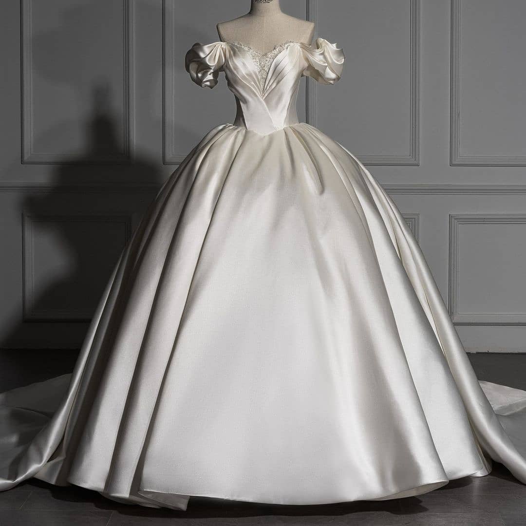 Charming Long Off the Shoulder Sweetheart Satin Ball Gown Wedding Dress with Ruffles - YESBABYONLINE