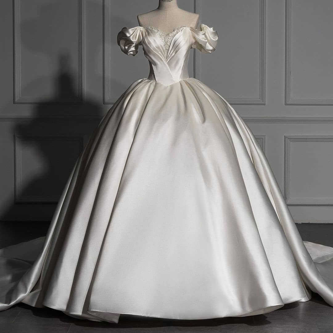 Charming Long Off the Shoulder Sweetheart Satin Ball Gown Wedding Dress with Ruffles - YESBABYONLINE