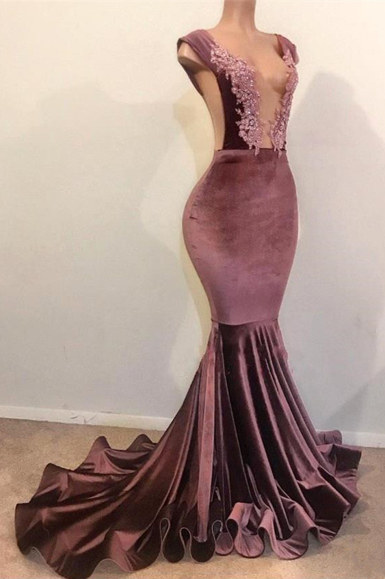 Sexy Long Mermaid Sleeveless Floor Length Appliques Lace Velvet Prom Dresses - YESBABYONLINE