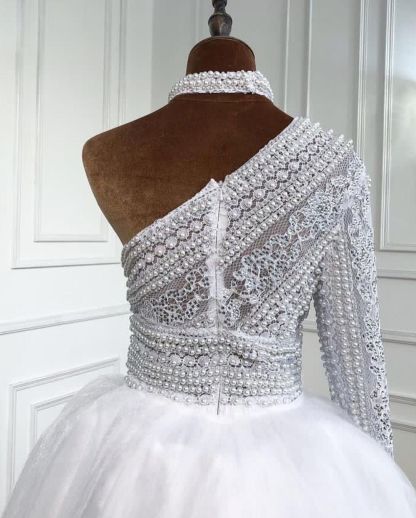 Stylish Long A-line One Shoulder Tulle Lace Prom Dress with Sleeves - YESBABYONLINE