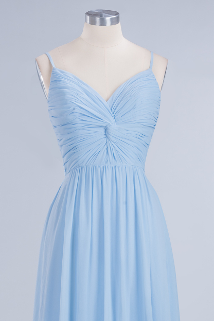 Sky Blue Long A-Line V-Neck Spaghetti Straps Floor-Length Chiffon Bridesmaid Dresses - YESBABYONLINE