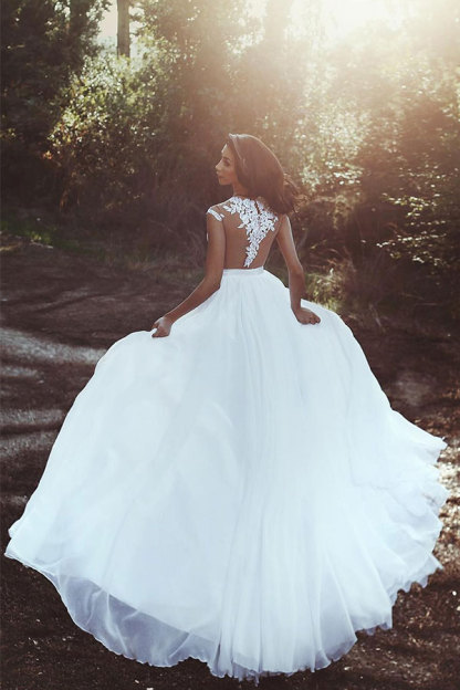Long A-line Chiffon Lace Appliques Sleeveless Wedding Dresses with Slit - YESBABYONLINE