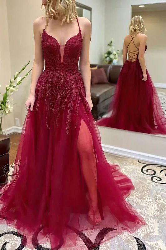 Stunning Long A-Line Halter Spaghetti Straps Backless Tulle Prom Dress With Slit - YESBABYONLINE
