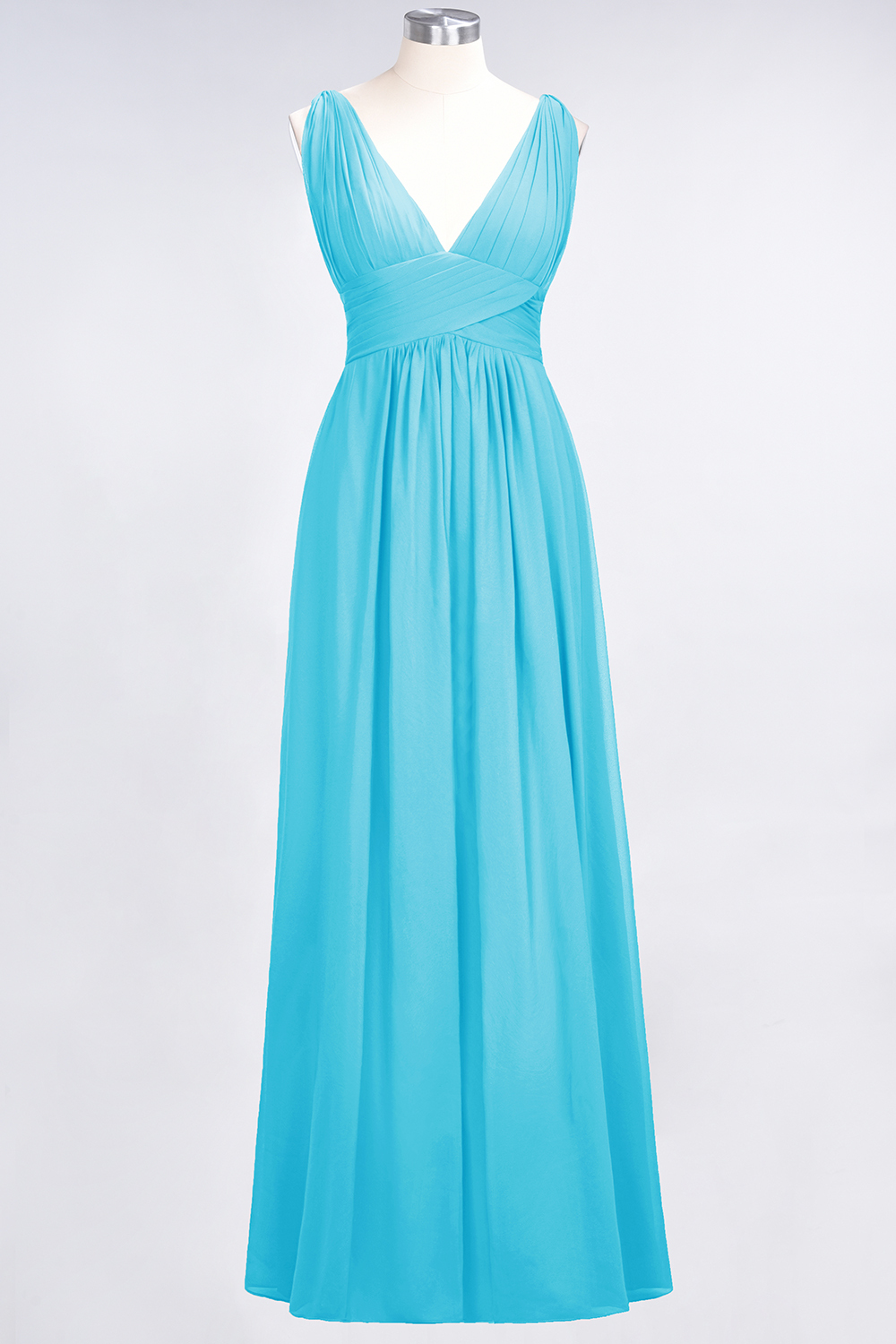Long A Line V Neck Sleeveless Floor Length Bridesmaid Dress with Ruffle - YESBABYONLINE
