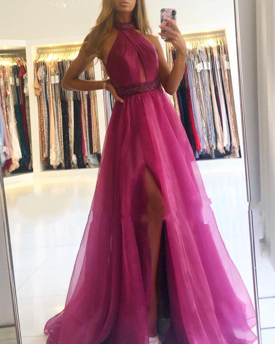 Gorgeous Long A-line Halter Tulle Backless Prom Dresses with Split - YESBABYONLINE