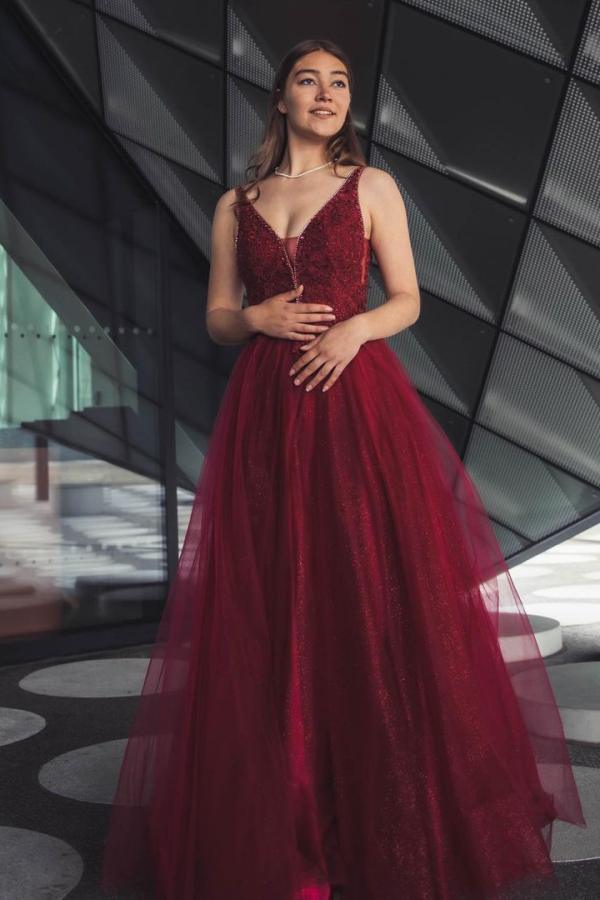 Burgundy Long A-line Sweetheart Sleeveless Tulle Lace Appliques Prom Dresses - YESBABYONLINE