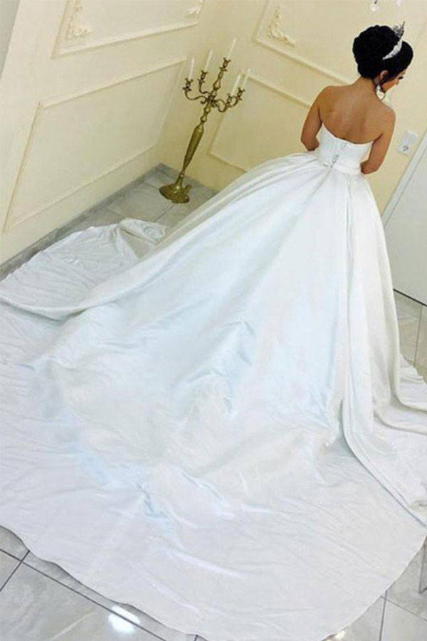 White Long Ball Gown Sweetheart Satin Sleeveless Wedding Dresses - YESBABYONLINE