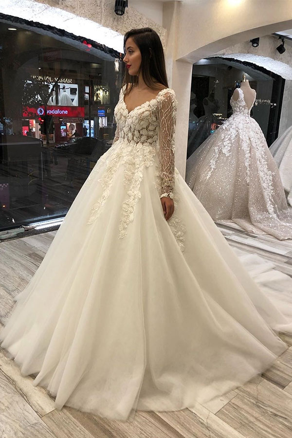 Luxurious Long Sweetheart Tulle Applique Lace Ball Gown Wedding Dresses with Sleeves - YESBABYONLINE