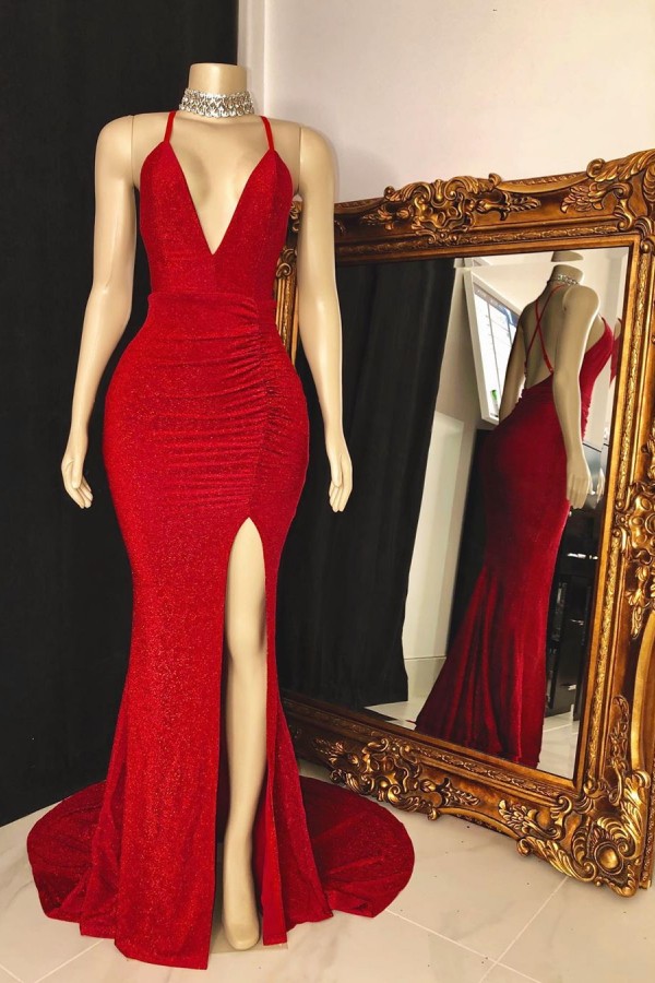 Red Long Mermaid Spaghetti Straps V-neck Prom Dresses with Slit - YESBABYONLINE