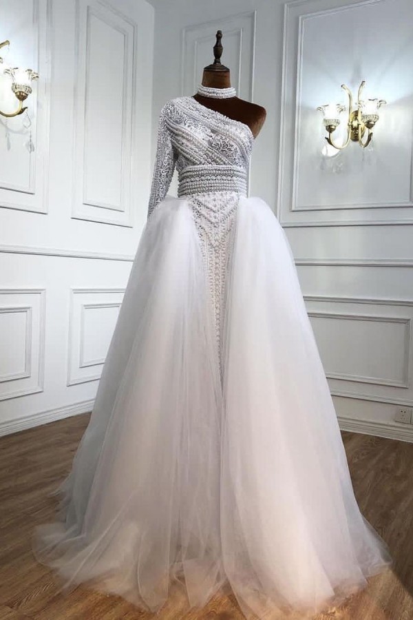 Stylish Long A-line One Shoulder Tulle Lace Prom Dress with Sleeves - YESBABYONLINE